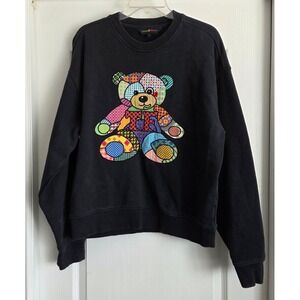 Teddy Fresh Patchwork Quilted Bear Applique Black Crewneck Sweatshirt Sz S